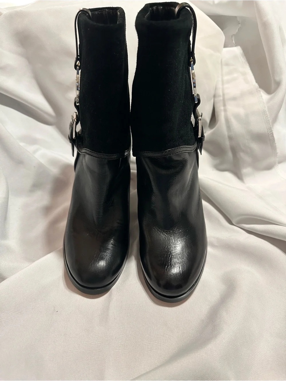 Michael Kors Black Leather & Suede Block Heel Ankle Boots with white MK Accent